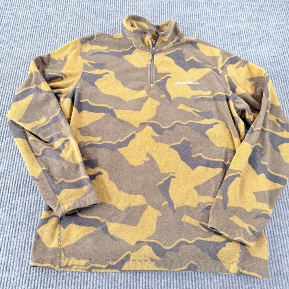Eddie Bauer Camo Fleece Quarter Zip Pullover Men Medium Brown Yellow Camouflage